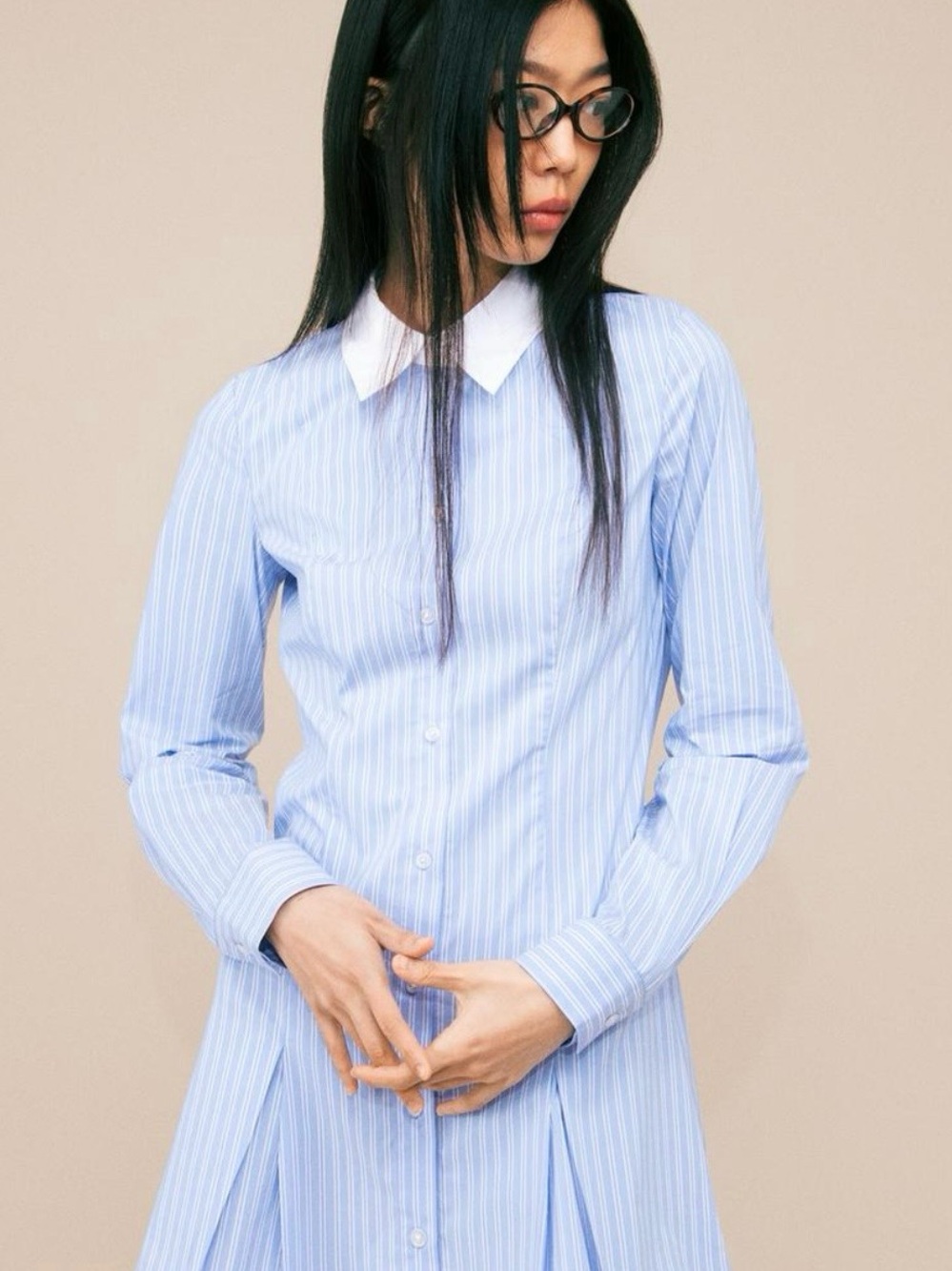 Bershka Light Blue and White Pinstripe Button-Down Shirt Dress